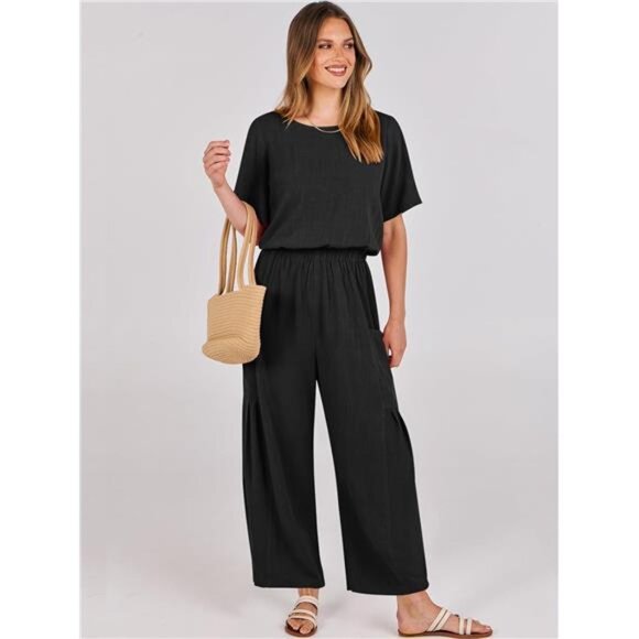 Women's Linen Jumpsuit –  Casual Loose Fit, Short Sleeve, Wide  Leg One-Piece - Picture 2 of 7